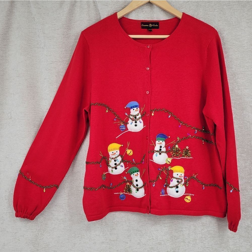 Cinnamon & Cinder Y2K Red Christmas Snowman Sweater Cardigan Beaded